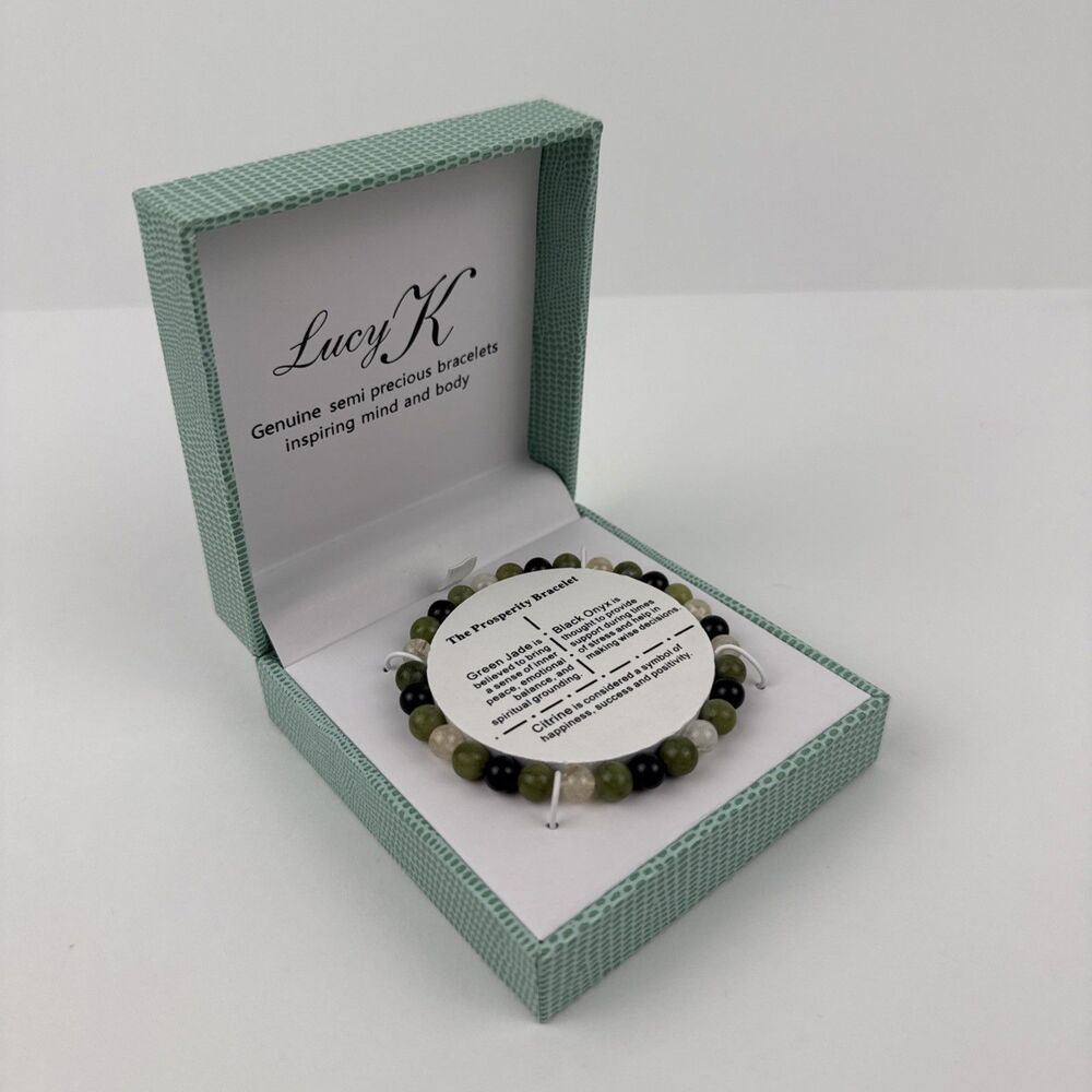 LUCY K Genuine Semi Precious Green Jade/Black Onix Bracelet - New / Boxed